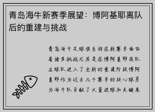 青岛海牛新赛季展望：博阿基耶离队后的重建与挑战