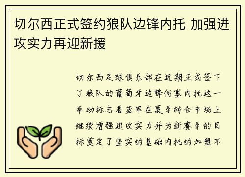 切尔西正式签约狼队边锋内托 加强进攻实力再迎新援
